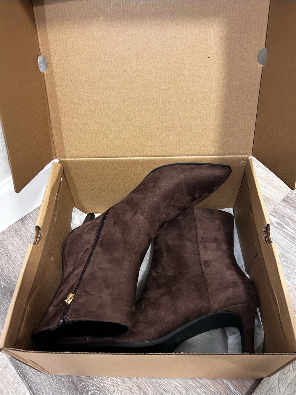 Women's Brown Suede-Look Ankle Booties with Side Zip